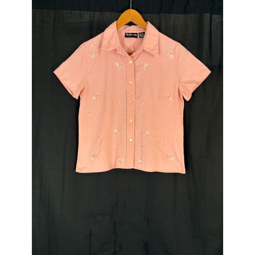 Vintage Style & Co Pink Linen Floral Embroidered Button Down Shirt Y2K